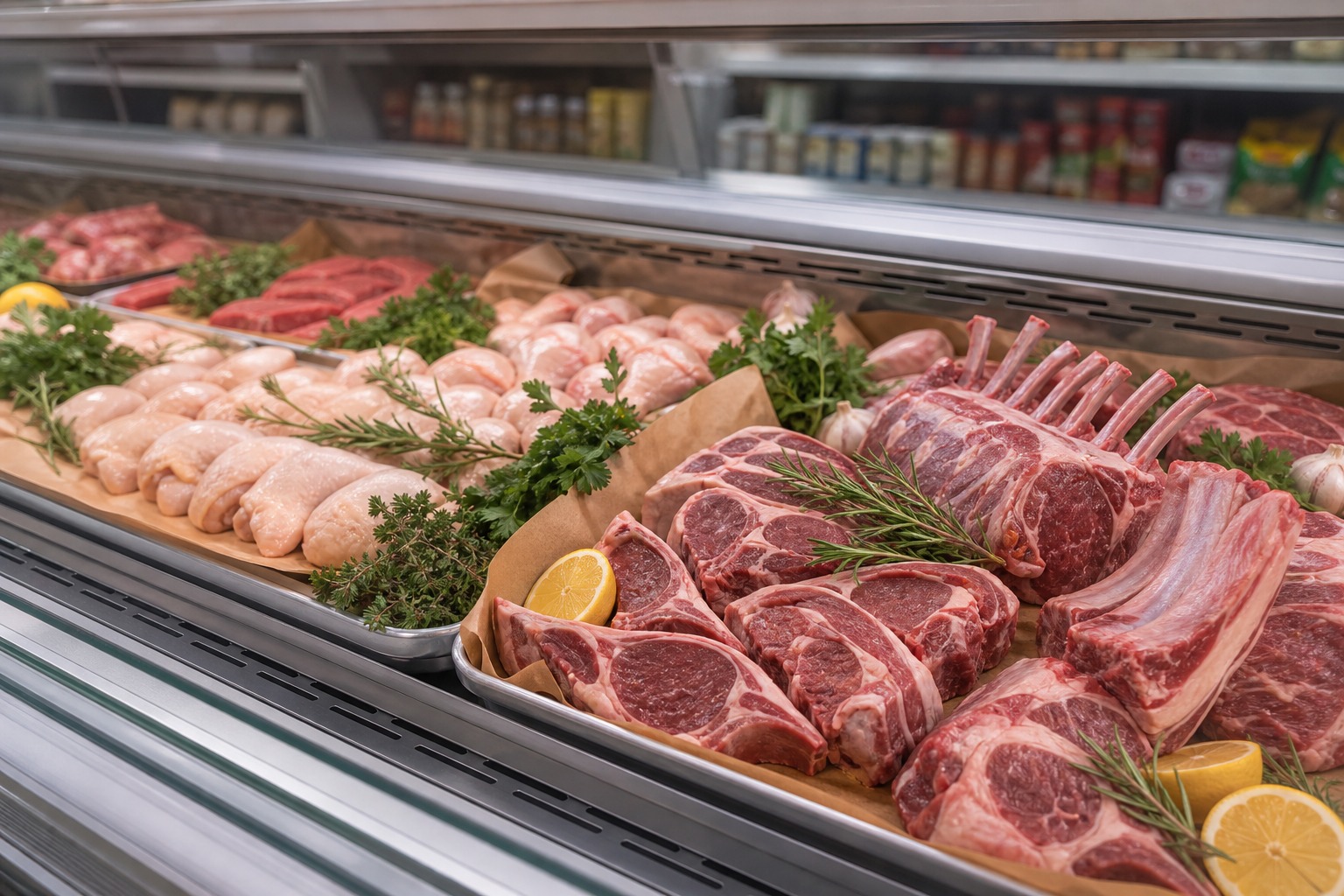 Enhanced fresh halal meat selection in a refrigerated market case