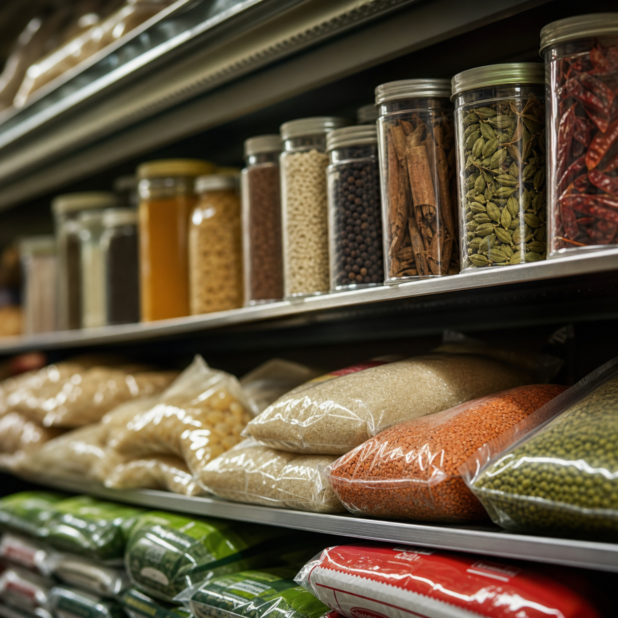 Enhanced shelf detail with spices, lentils and pantry goods